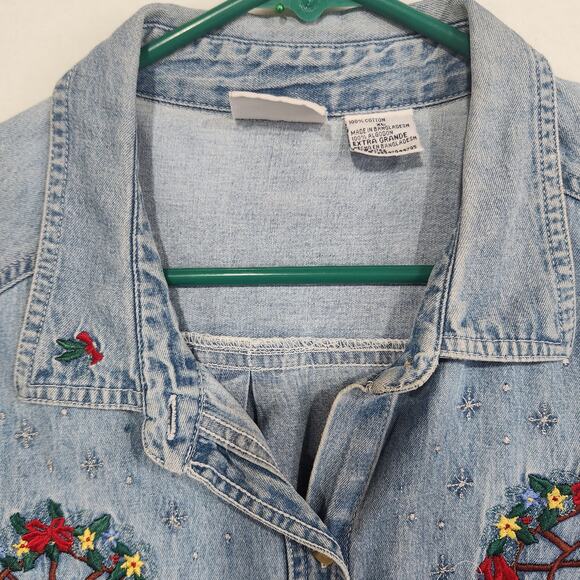 Vintage Christmas Denim Shirt Embroidered Redbirds Cardinals Long Sleeve Jean XL - Picture 6 of 15